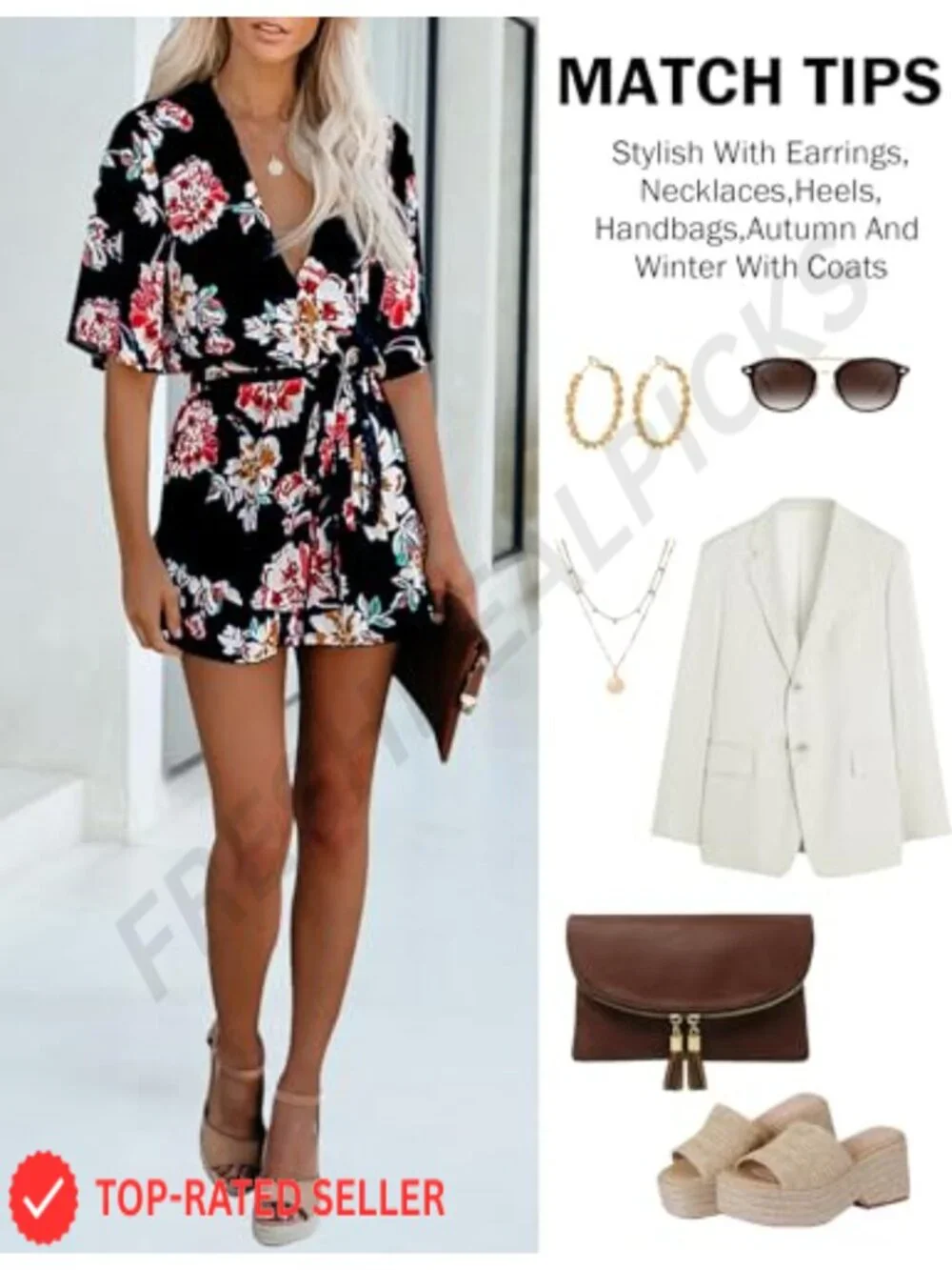 Women's Floral Romper V-Neck Flared Sleeve Tie Waist Ruffle Casual Jumpsuit